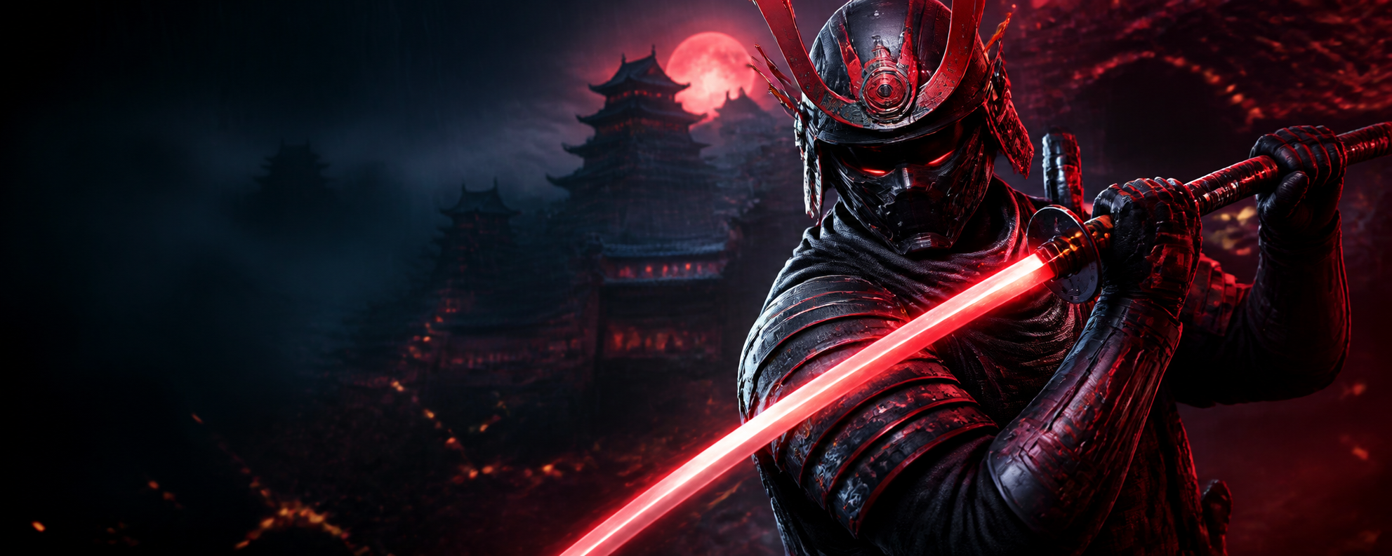 Armored samurai operator with a glowing red blade